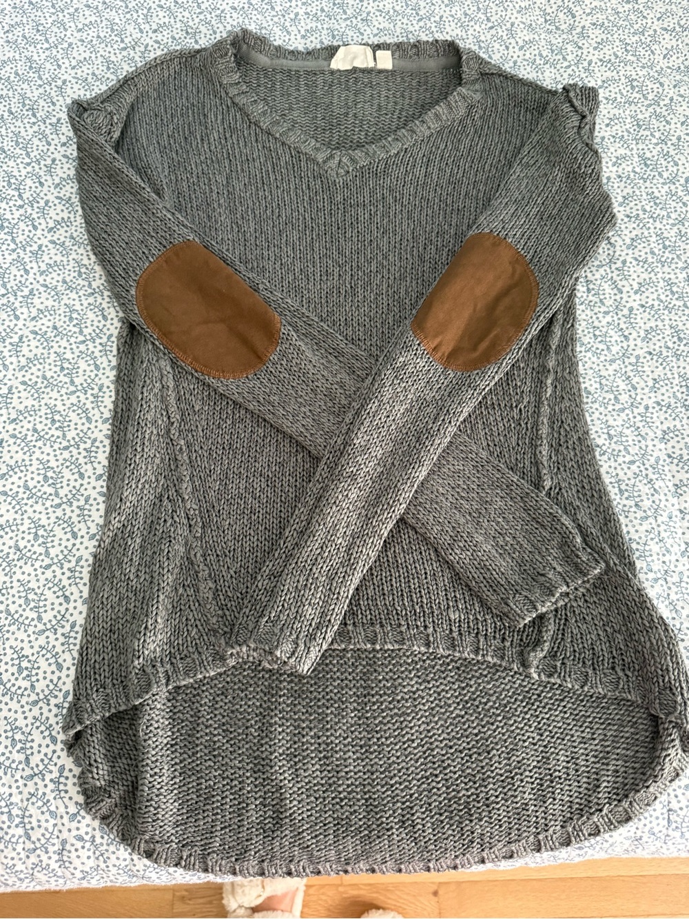 Gray V-Neck Sweater with Brown Elbow Patches